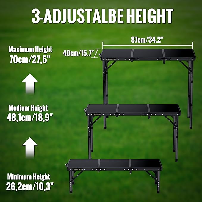 GARLLEN Folding Camping Table Max 27.5 3-Height Adjustable Portable Camping Table with Carrying Bag Lightweight Aluminum Folding Picnic Tables for BBQ Travel Outdoor 34.2 L x 15.7 W