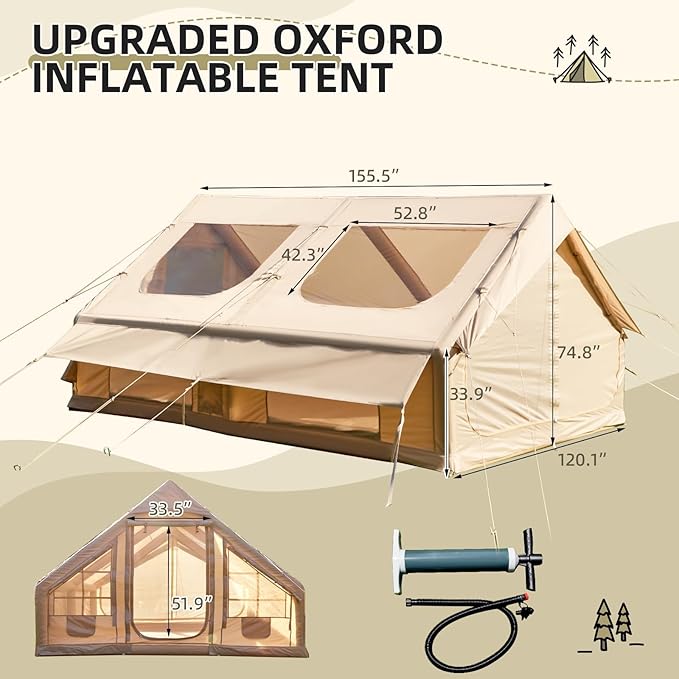 2026 Upgraded Inflatable Tents for Camping 6-8 Person Blow Up Tent with TPU Skylight Mesh Windows Stove Jack &amp Pump Easy Setup 4 Season Large Inflatable Tent Waterproof &amp Windproof