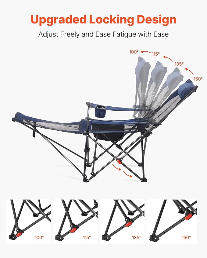 VEVOR Reclining Camping Chair 4 Adjustable Positions Portable Folding Lounger for Adults Mesh Beach Chair with Headrest &amp Foot Rest Supports 220 lbs Heavy Duty Camp Chairs for Patio Blue