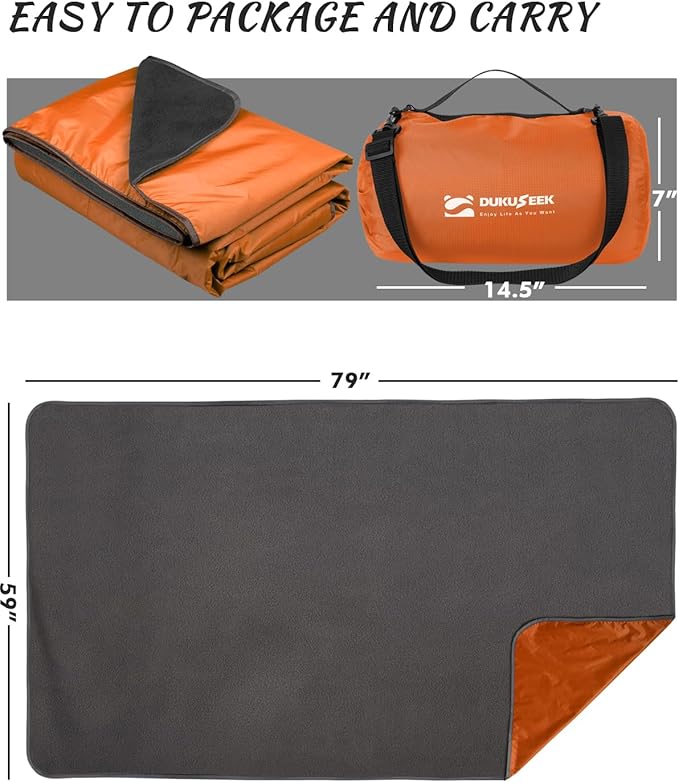 DUKUSEEK Hooded Outdoor Blanket Extra Large (79 x 56) Waterproof Camping Blanket Quilted Fleece Warm Windproof Sand Proof Portable and Wear-Resistant for Sports Picnic Hiking Travel…