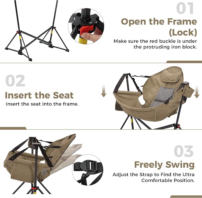 Ainfox Hammock Camping Chair Foldable Portable Rocking Chairs for Adults Outside Swinging Camp with Cup Holder Pillow for Outdoor Patio Poolside (Brown)