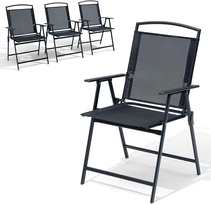 Crestlive Products Patio Folding Chairs Set of 4 Foldable Outdoor Chairs with Durable Rust-Resistant Frame and Breathable Textilene Material for Outside Black