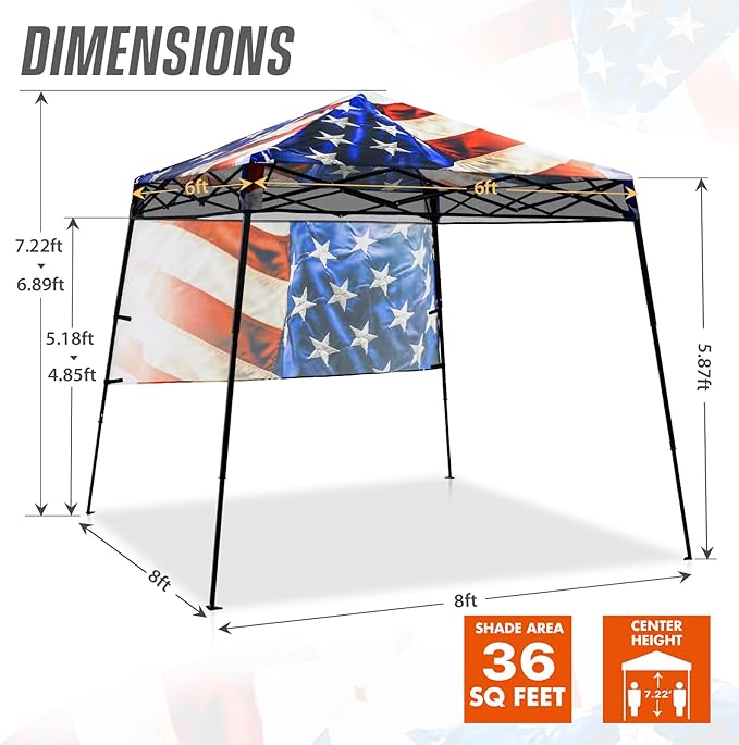 EAGLE PEAK 8x8 Pop Up Canopy Tent with Sidewall Compact Portable Slant Leg Instant Sun Shelter for Beach Sports &amp Camping 8x8 Base 6x6 Top Stars and Stripes