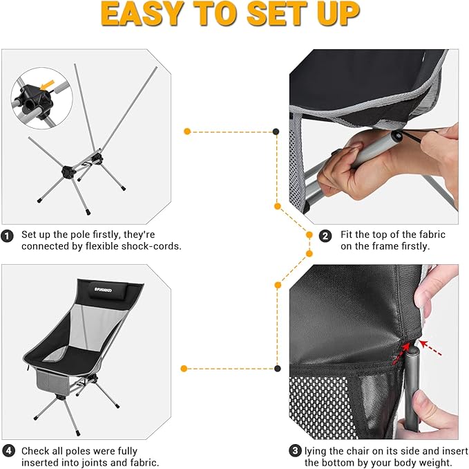FUNDANGO High Back Camping Chair 2 Pack Portable Folding Camp Chair for Adults with Headrest for BBQ Outdoor Lawn Hiking Fishing Picnicl (Black)
