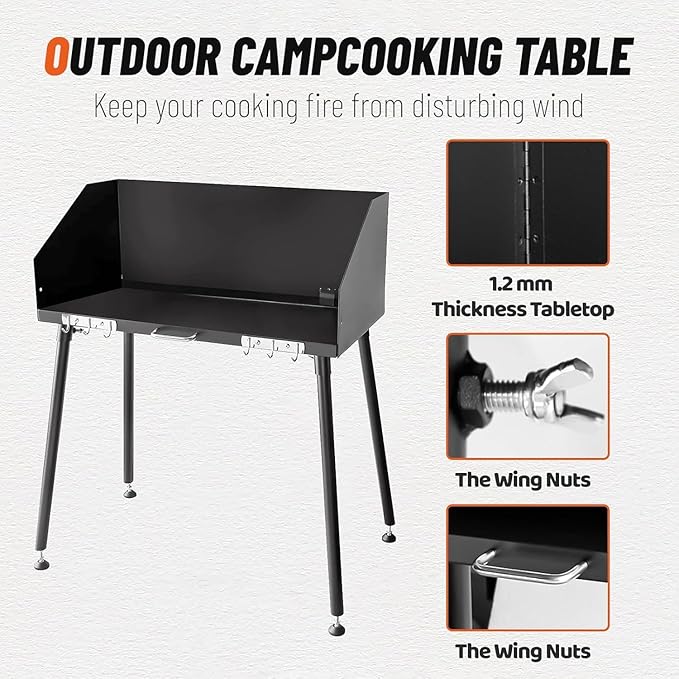 30-Inch Camping Cooking Table Carbon Steel w/Foldable Windscreen &amp Legs for Dutch Oven Cooking &amp Food Prep with Charcoal Briquettes (30-Inch)