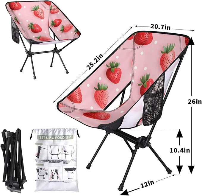 Honeybaby Folding Camping Chair Cute Red Strawberries Camping Chairs Lightweight Portable Chair Outdoor Foldable Chairs for Camping Travel Picnic Beach Hiking