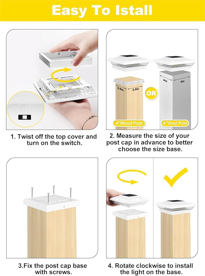 T-SUN 4x4 Post Cap Lights 12 Pack for Vinyl/Wooden Fence Auto Dusk to Dawn Outdoor Waterproof Warm &amp Cool White Solar Powered Deck/Patio Lighting