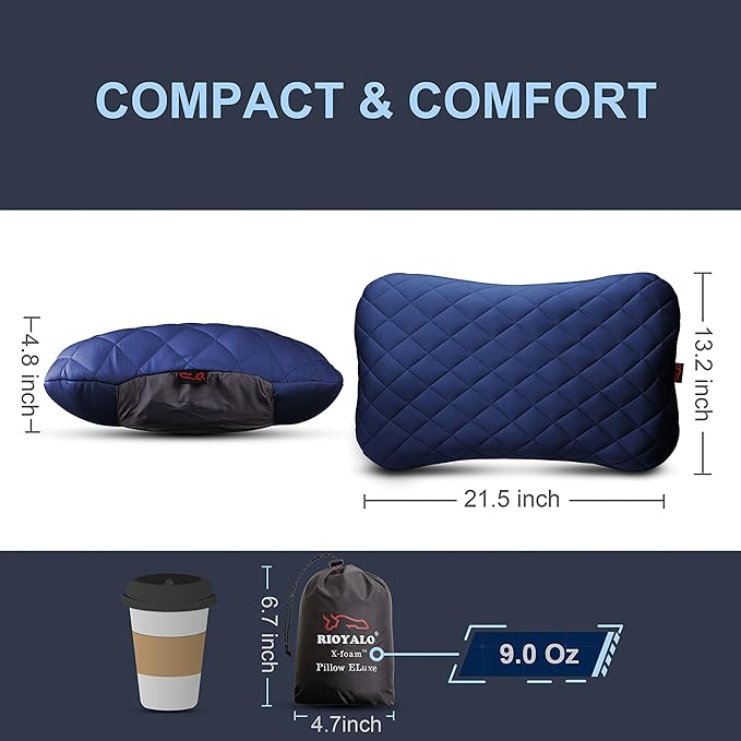 XL Inflatable Camping Pillow ELuxe w. Removable Padded Cover | X-Foam Comfortable Washable Ultralight Portable Neck Lumbar Support | Backpacking Hiking Travel Air | X-Large (Ocean Blue)
