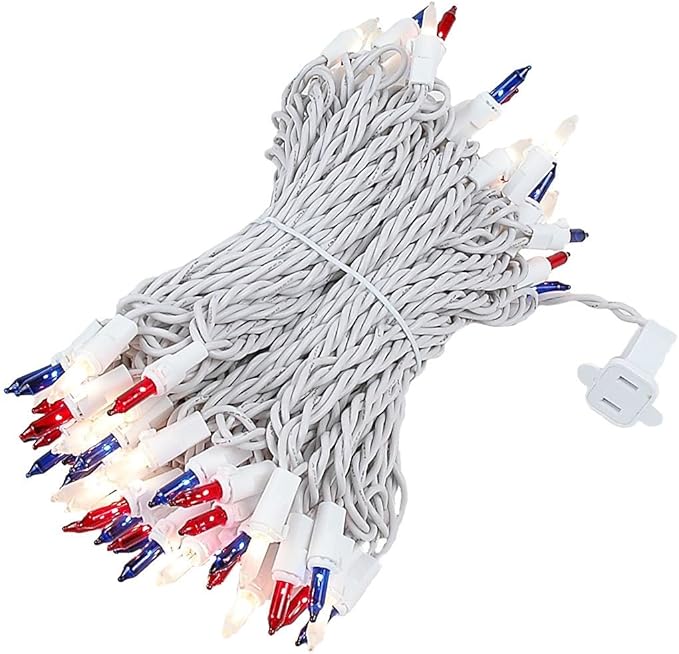 Novelty Lights 50 Feet 100 Bulb Incandescent Mini Light String Red/White/Blue with 6-Inch Spacing on White Wire UL Listed Commercial Grade Indoor/Outdoor Mini Lights Connectable End-to-End