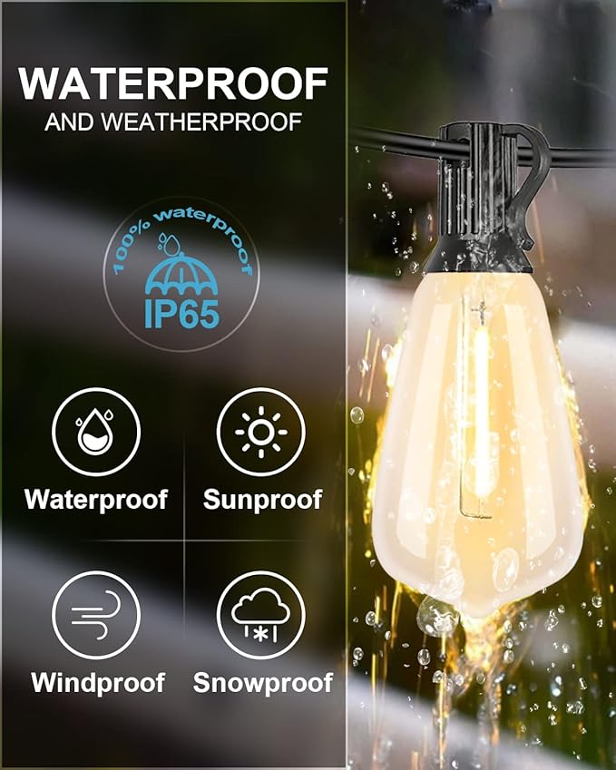 Lightdot 200FT Outdoor String Lights LED Bistro String Lights with Shatterproof ST38 Vintage Bulbs 2200K Dimmable Waterproof Hanging Lights for Porch Deck Garden Backyard Balcony - ETL Listed
