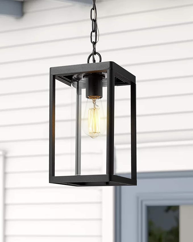 Beionxii Outdoor Pendant Light Modern Exterior Hanging Porch Lantern Black Cast Aluminum w/Clear Cylinder Glass - A291H-1PK