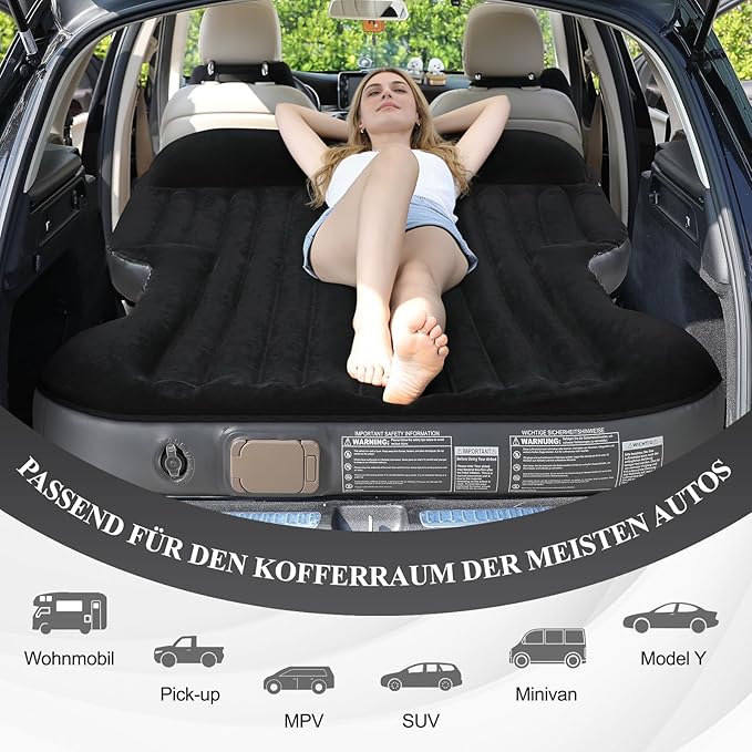 KMZ Inflatable SUV Air Mattress Thickened Flocking with Built-in Pump Self-Inflating Portable Sleeping Travel Bed Pad for SUV Truck Fast Inflation and Deflation (Black)