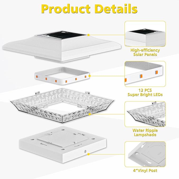 T-SUN 4x4 Solar Post Cap Lights Outdoor 24 Pack Warm White LED Fence Post Solar Lights Fit for 4x4 Vinyl Posts Waterproof Deck Light Solar Powered for Garden Patio Gate Porch