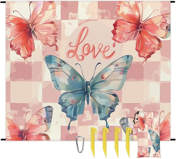 Waterproof Sandproof Beach Blanket 59''×68'' Goddess Butterfly Polyester Outdoor Picnic Blanket with 4 Stakes &amp Storage Bag for BeachCampingVacation ICY Blue