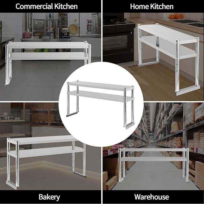 Stainless Steel Double Overshelf 48''L x 12''W Commercial 2 Tier Overshelf Height Adjustable Overshelf for Prep Work Table in Kitchen Restaurant