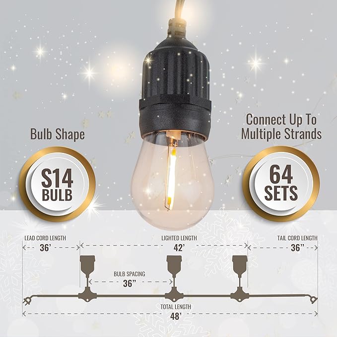Aurio 48ft Waterproof Outdoor String Lights with Hanging Vintage LED Edison Bulbs - Commercial Grade Patio Lights for Cafe Ambiance - 36 in Light Spacing