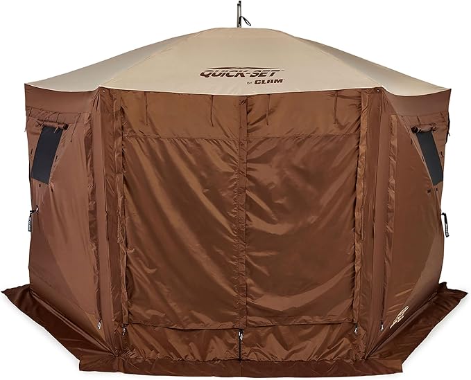 CLAM Pop Up Screen Tent Large Outdoor Camping Gazebo Canopy Pavilion 12.5' Brown - Foldable and Portable Screened Shelter with Netting for Beach Patio and Backyard