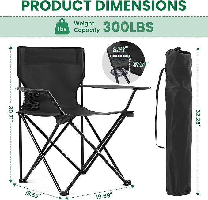 4 Pack Folding Camping Chairs for AdultsFoldable Portable Lawn Chairs with Carry Bag &amp Cup Holder Compact Design for CampBeach Picnicsand Fishing Supports 300LBS（Black）