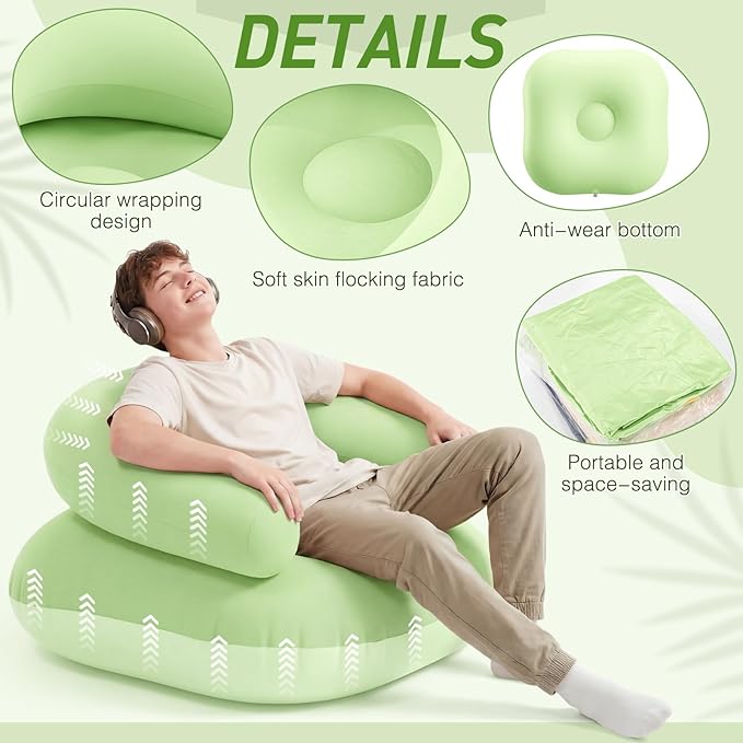 Novabright 2 Pcs Inflatable Chairs for Adults Blow Up Games Chairs Folding Portable Flocking Inflatable Sofa for Living Room Learning Camping Party (Mint Green)