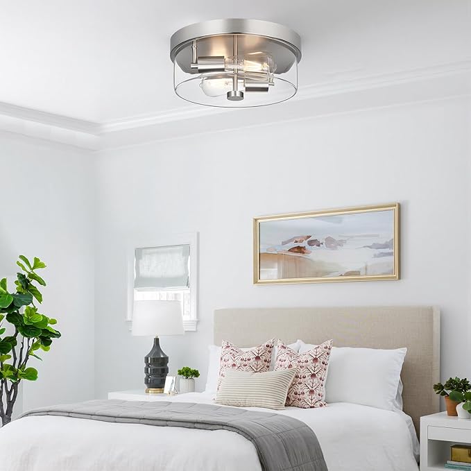 Flush Mount Ceiling Light Fixtures 2-Light 12 Inch Brushed Nickel Close to Ceiling Light Fixtures with Clear Glass Shade Ceiling Light Fixture for Porch Hallway Bathroom Dining Room and
