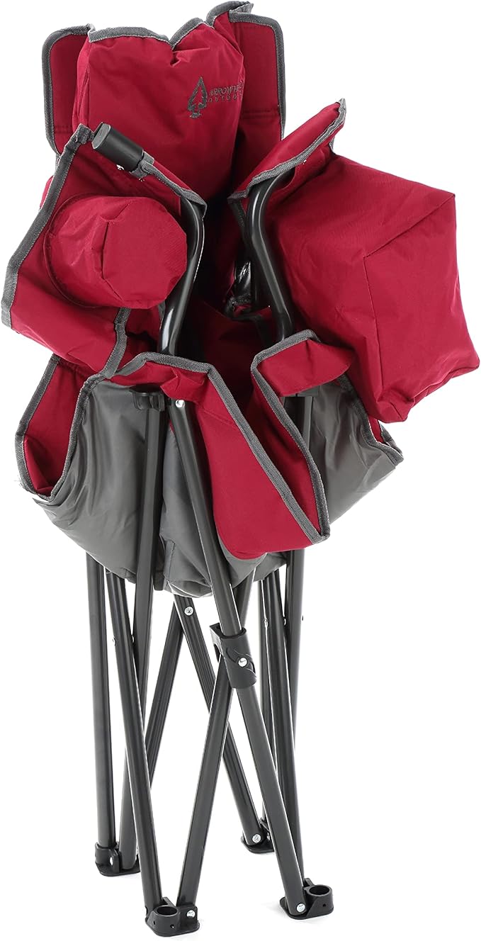 ARROWHEAD OUTDOOR Portable Deluxe Folding Camp Quad Chair w/Headrest Glass &amp Cup Holders Armest 6-can Cooler Heavy Duty Carry Bag 550 lbs Weight Capacity