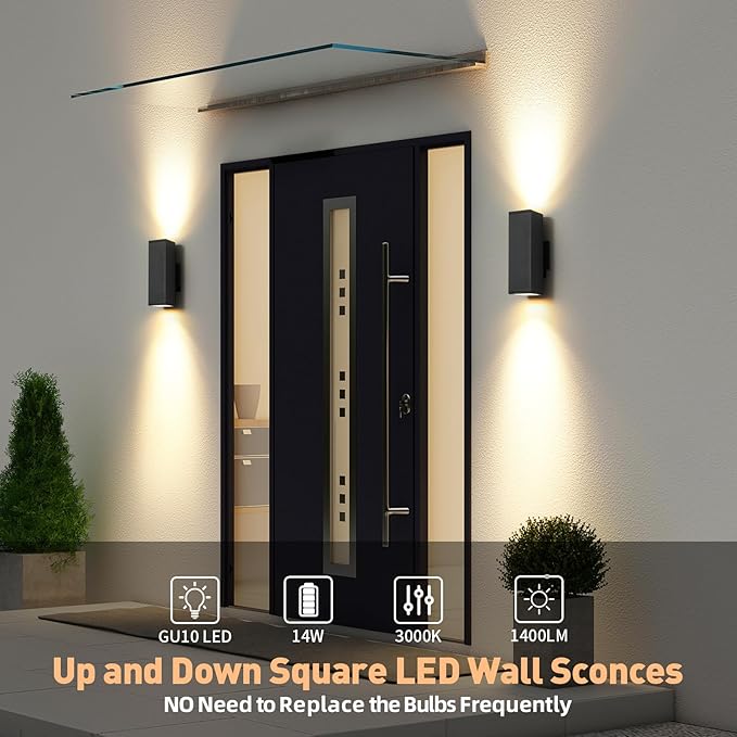 tewei LED Outdoor Wall Sconce Lights Modern Exterior Lighting Fixtures with 7W LED Bulbs Matte Black Square Up and Down Outdoor Lights for House Front Porch Garage Warm White 3000K 6 Pack