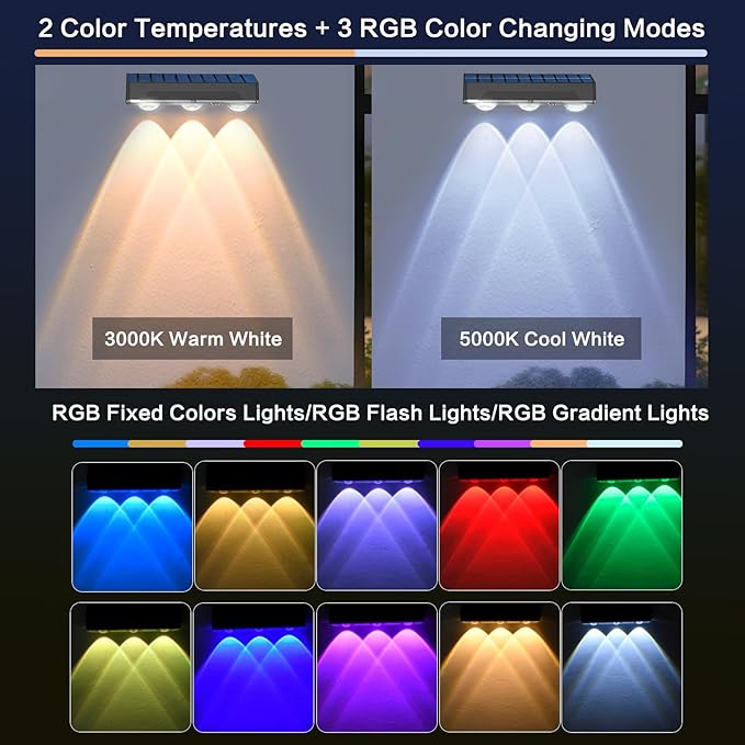 INDARUN Solar Fence Lights Outdoor 12 Pack Warm White &amp Cool White &amp RGB Color Changing Fence Lights with 3 Lens LEDs &amp 12 Modes IP65 Waterproof for Patio Porch Backyard Decor