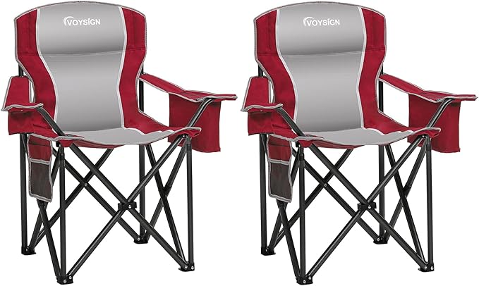 Padded Camping Chairs for Adults 2 Pack Oversized Folding Outdoor Chairs Weight Capacity 475lbs with Cooler Bag Cup Holder Storage Pocket Carry Bag - Red