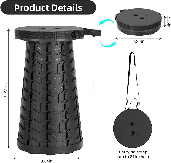 Collapsible Stool Folding Chair - Upgraded Portable Chair with Load Capacity 400lbs Portable Stool for Camping Fishing Hiking - Folding Tool with Carrying StrapsGifts for Fisherman (Black)