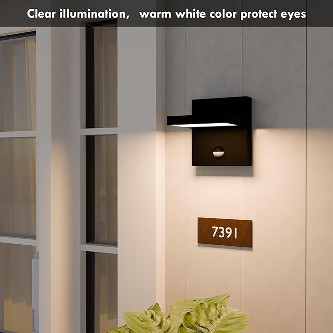 Motion Sensor Outdoor Rotatable Wall Light Exterior LED Fixture Aluminum Wired Porch Lamps Adjustable Sconce Black Front Door Lantern for Patio Garden Garage Yard
