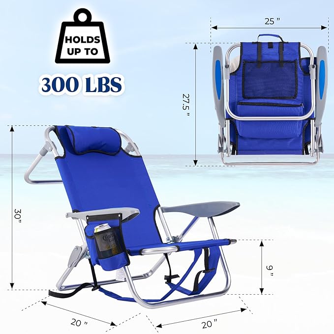 2 Pack Lightweight Portable Camping Beach Chair for Adults Outdoor Lay Flat Folding Beach Chairs with 5 Positions Backpack Beach Chair with Towel Bar Zipper Pouch Cup Holder Blue