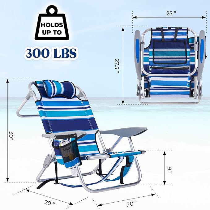 Portable Beach Chair for Adults Outdoor Camping Chair Lay Flat Folding Backpack Beach Reclining Chair with 5 Positions Headrest Zipper Pouch Cup Holder Blue Green