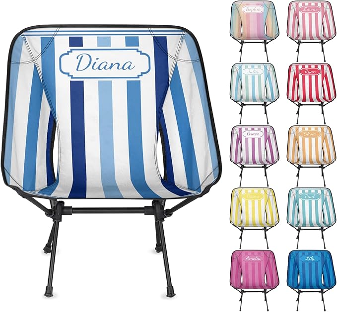 Custom Portable Camping Chair for Adults Women Men Personalized Name Lightweight Folding Backpacking Hiking Chair Blue Stripes