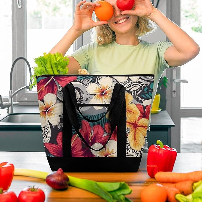 Insulated Shopping BagLarge Reusable Cooler Bags Colorful Hawaiian Pattern Printed Foldable Shopping BagTravel Waterproof Shoulder Bag