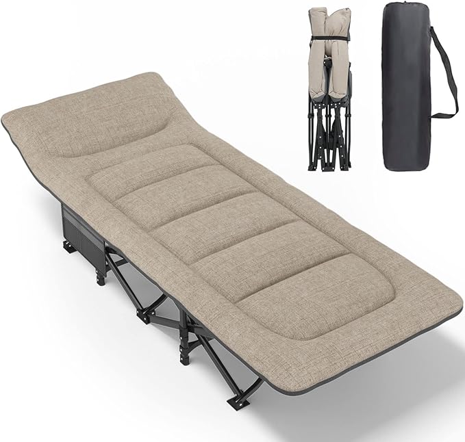 ATORPOK Camping Cot for Adults with Cushion and Pillow Portable Folding Bed for Sleeping Lightweight Tent cot with Carry Bag Supports 450 lbs (Khaki)