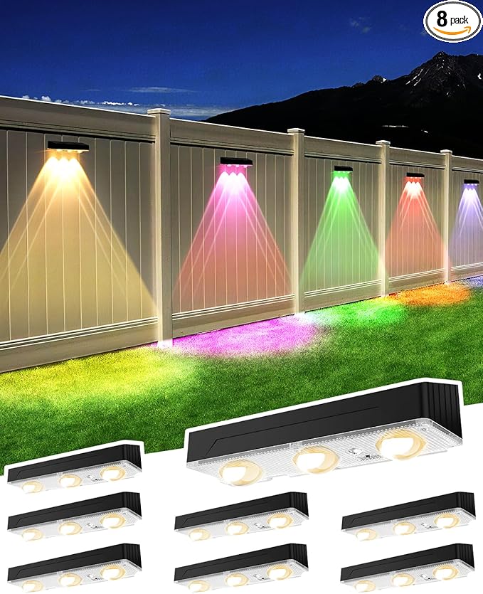 Solar Fence Lights Outdoor 2025 Upgraded Solar Fence Lights Have 3 x 70 Lumen Reflector Lenses and 12 RGB Patterns IP65 Waterproof Auto On/Off for Backyard Deck Steps Fence (8 Pack)