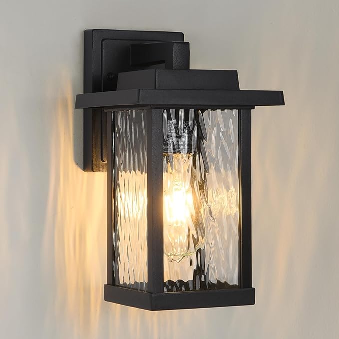 Outdoor Wall Sconce Outside Porch Light Fixtures Wall Mount Anti-Rust Exterior Wall Lights in Wood Grain Finish &amp Black Finish with Water Ripple Glass for Garage Doorway Entryway