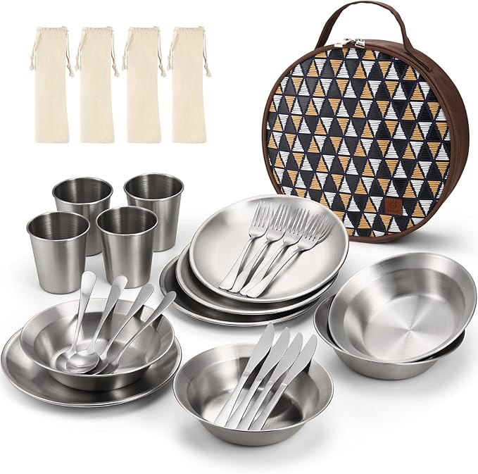 Odoland Stainless Steel Camping Mess Kit for Family &amp Person Cooking Tableware Utensils with Plates Bowls Forks Spoons Knives &amp Savings Bag for Camping Backpacking Hiking Picnic