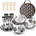 Odoland Stainless Steel Camping Mess Kit for Family &amp Person Cooking Tableware Utensils with Plates Bowls Forks Spoons Knives &amp Savings Bag for Camping Backpacking Hiking Picnic