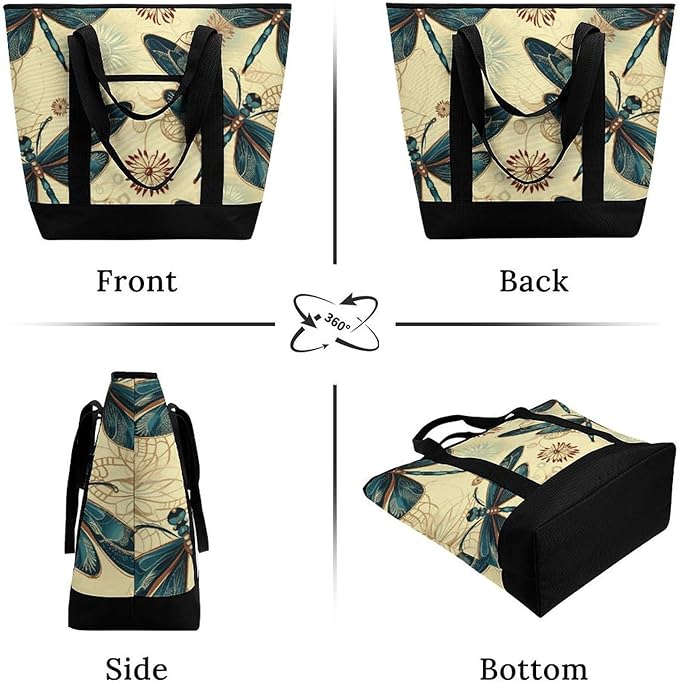 Insulated Shopping BagLarge Reusable Cooler Bags Dragonfly Printed Foldable Shopping BagTravel Waterproof Shoulder Bag