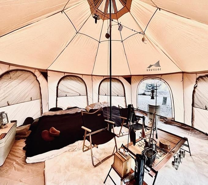 SOLSTUKU 4 Season Canvas Bell Tent 270 sq ft 9.8 ft Peak Height 10 Person Free Standing Zipper Closure Compact Style Camping &amp Hiking Family Camping Cold-Weather Outdoor Activities