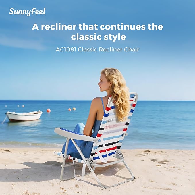SUNNYFEEL Portable Beach Chair High Back Folding Beach Chair Lightweight Camp Chair with Reclining Position Backpack Lounger for Beach Camping Lawn Outdoor Red Blue White Striped