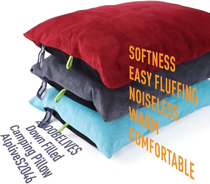 ZOOOBELIVES Down Filled Camping Pillow for Travel Washable Soft Cover Small Camp Cushion for Neck &amp Lumbar Support On-The-Go Ultralight &amp Compressible for Hiking Backpacking - AlpliveS2046