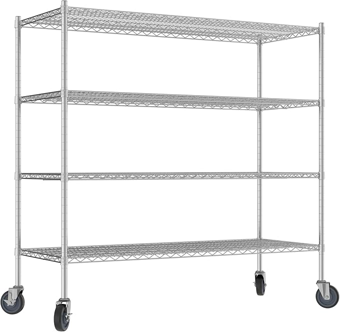 Commercial NSF Listed Chrome Mobile Wire Shelving Kit 24 x 60 x 60 with 4 Shelves Perfect for Warehouse Walk-in Refrigerator Freezer Grocery Store Restaurant Dishroom
