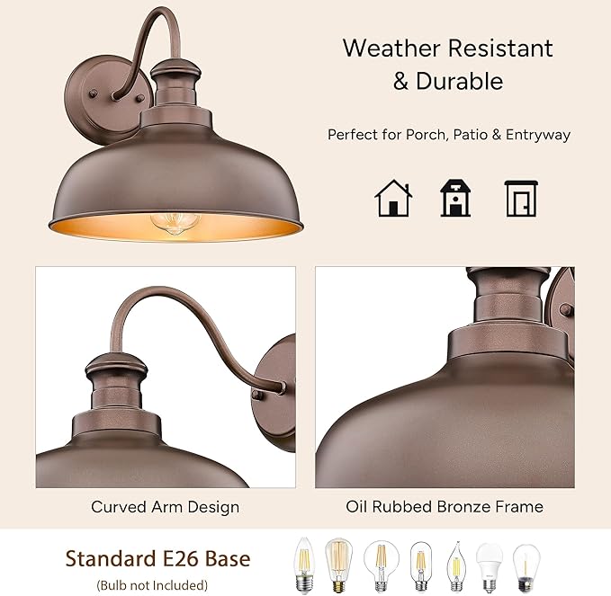 Outdoor Barn Light11.5 Inch Outdoor Wall Sconce Farmhouse Rustic Exterior Wall Mount LightsVintage Outside Lighting Fixture Industrial Garage Light Fit with E26 Socket(Oil-rubbed Bronze2Pack)