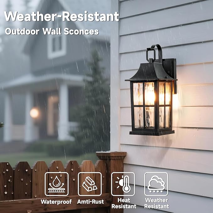 Outdoor Light Fixture IP44 Waterproof Rustproof Porch LightAluminum &amp Water Pattern Glass Exterior Sconce13-inch Black Outdoor Sconce Lights for Front Door Garage Patio (UL-Certified)