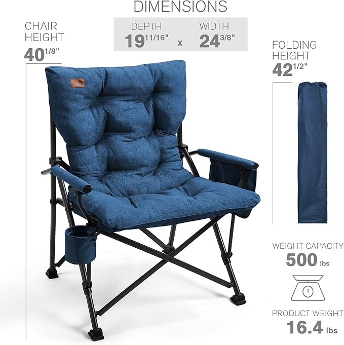 EVER ADVANCED Padded Oversized Folding Camping Chair for Adults Heavy Duty Lawn Chair with Side Pockets Portable Collapsible Quad Chair for Outside Support Up to 500lbs Blue