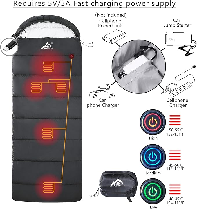 Heated Sleeping Bag - 5pcs Multi USB Power Support Heating Pads Operated with Battery Power Bank or Other USB Supplies Portable Compact Envelope Style Bag