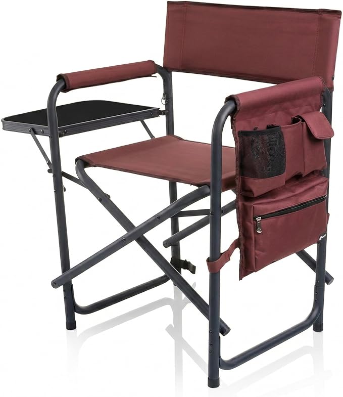 Picnic TIME Sports Chair with Side Table and Armrest Caddy Lightweight Aluminum Folding Outdoor Camping Chair for Adults Portable Director Style Lawn Seating with Pockets &amp Carry Strap (Burgund