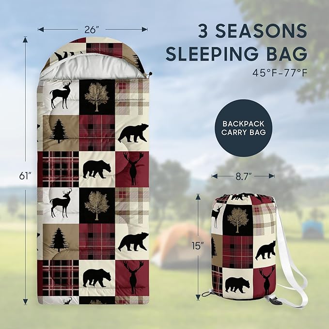 Wake In Cloud - Kids Sleeping Bag for Boys Toddlers Camping in Warm Cold Weather Backpacking Lightweight Compact Outdoor Liner for 3 Seasons Rustic Woodland Critters